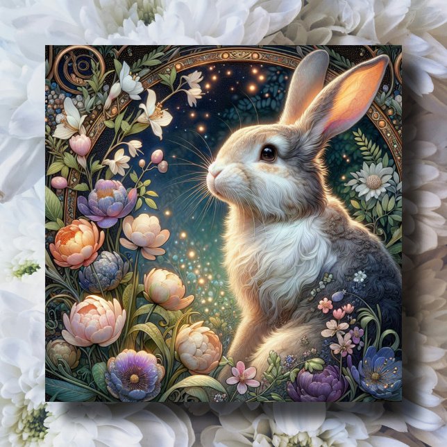 Art Nouveau Fantasy Flower Garden Rabbit Easter Holiday Card (Creator Uploaded)