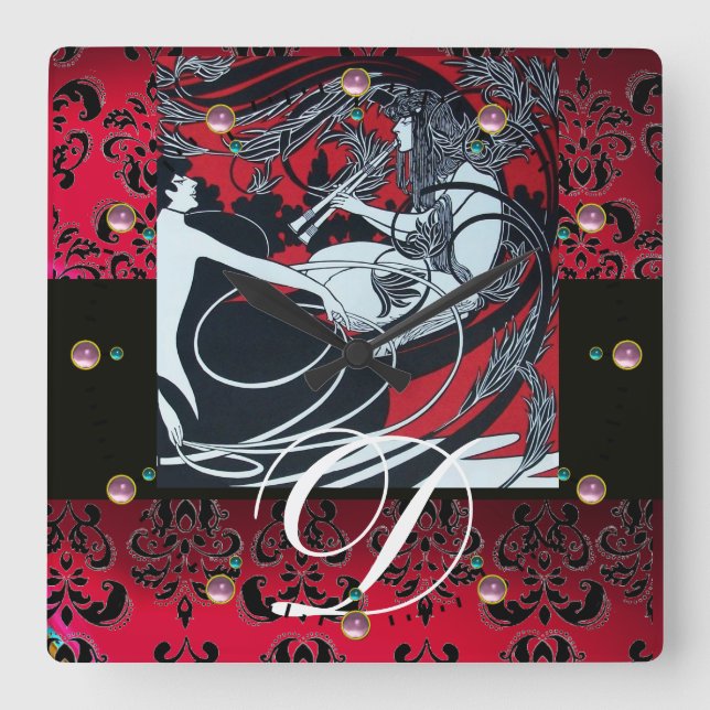 ART NOUVEAU FAUN Red Burgundy,Black Damask Square Wall Clock (Front)