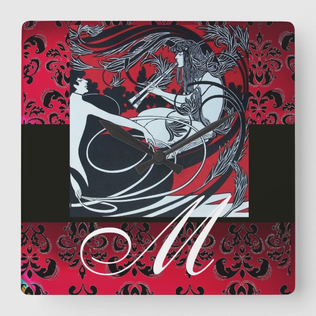 ART NOUVEAU FAUN Red Burgundy,Black Damask Square Wall Clock (Front)