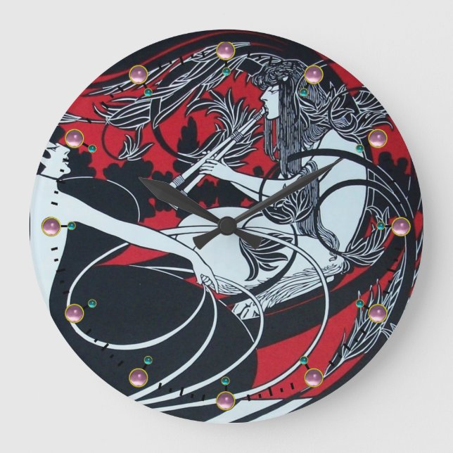 ART NOUVEAU FAUN  Red Burgundy,Black,white Large Clock (Front)