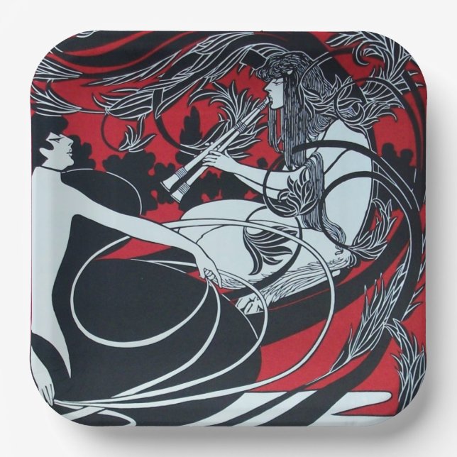 ART NOUVEAU FAUN  Red Burgundy,Black White Paper Plates (Front)