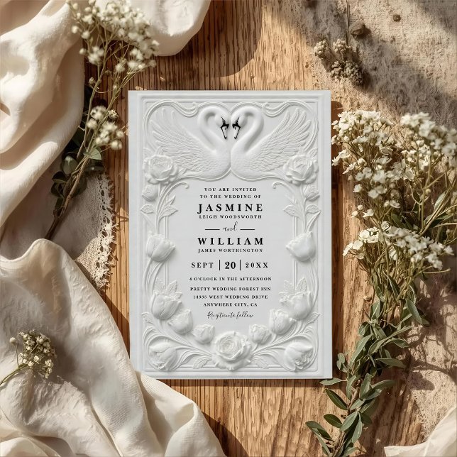 Art Nouveau Faux Embossed Swan QR Code Wedding Invitation (Creator Uploaded)