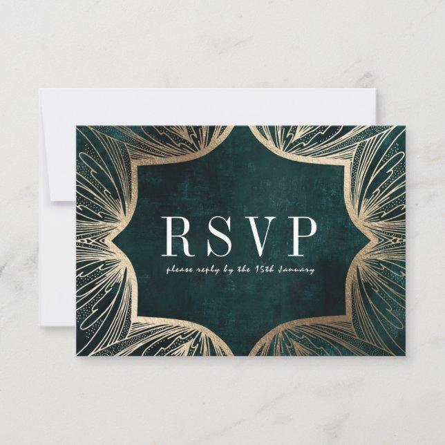 Art Nouveau faux gold Wedding RSVP card, (Front)