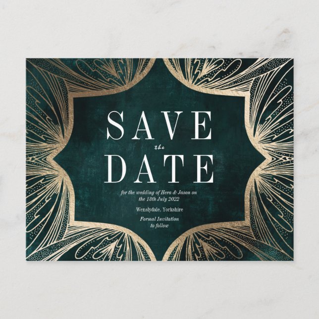 Art Nouveau  faux gold Wedding SAVE THE DATE Postcard (Front)