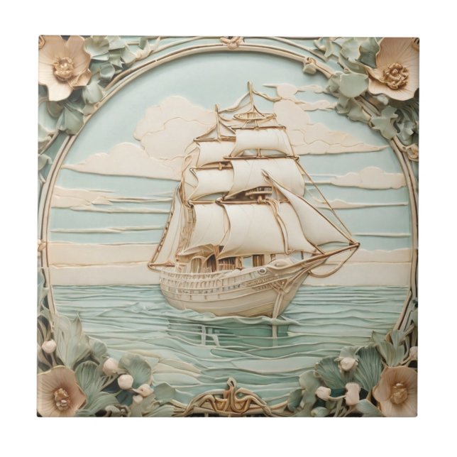 Art Nouveau Faux Relief Antique Sailing Ocean Ship Ceramic Tile (Front)