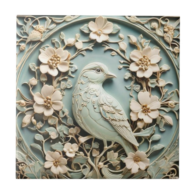 Art Nouveau Faux Relief Bird & Spring Flowers Mint Ceramic Tile (Front)