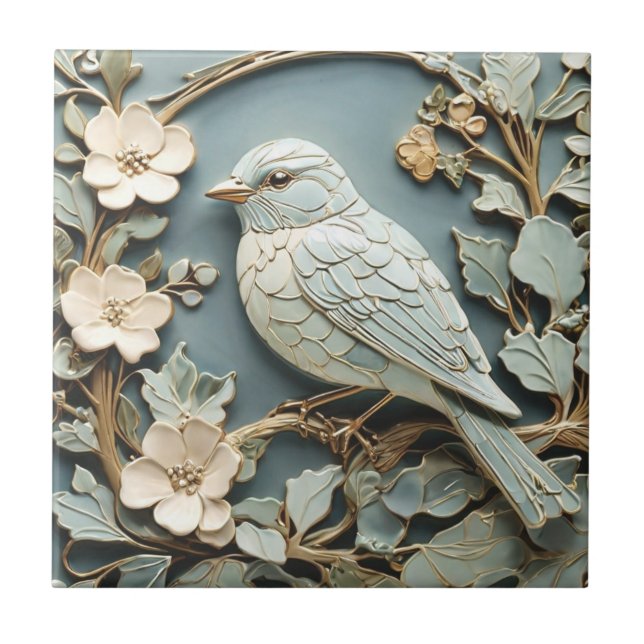 Art Nouveau Faux Relief Bluebird Bird Left facing Ceramic Tile (Front)