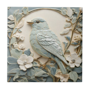 Art Nouveau Faux Relief Bluebird Bird Left Mint Ceramic Tile