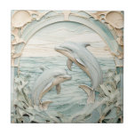 Art Nouveau Faux Relief Dolphins Mint Blue & White Ceramic Tile<br><div class="desc">"art nouveau",  "jumping dolphin fish",  "ocean sea marine dolphins",  "faux relief ceramic tile",  "mint blue white water",  "pastel turquoise teal",  "vintage decorative shore life",  "french chic nautical animal",  "beautiful light baby blue",  "cream beach coast antique"</div>