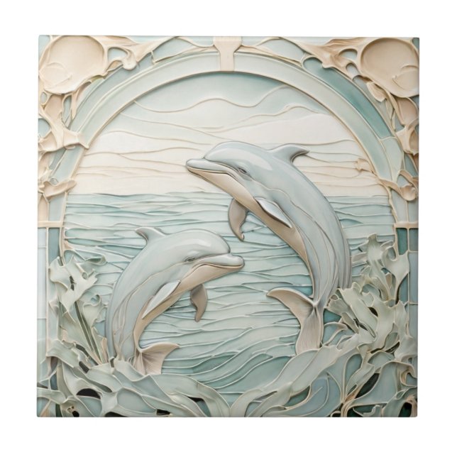Art Nouveau Faux Relief Dolphins Mint Blue & White Ceramic Tile (Front)