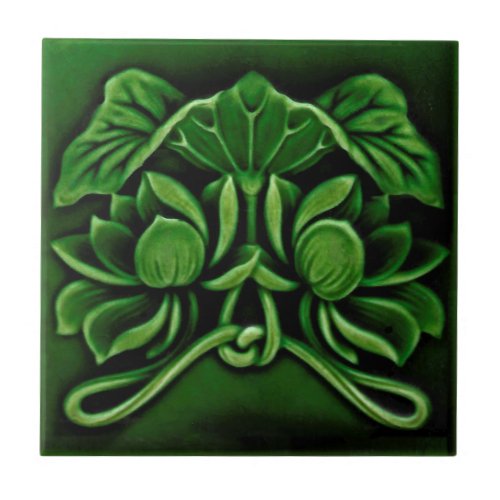Art Nouveau Faux Relief Floral Majolica Dk Green Ceramic Tile