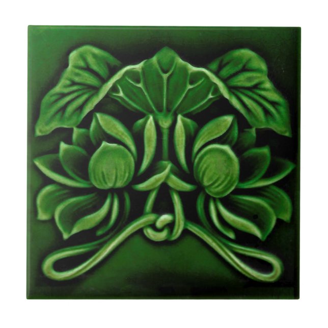 Art Nouveau Faux Relief Floral Majolica Dk Green Ceramic Tile (Front)