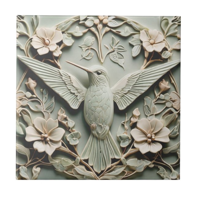 Art Nouveau Faux Relief Hummingbird Bird Floral Ceramic Tile (Front)