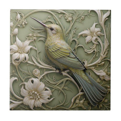 Art Nouveau Faux Relief Left Facing Hummingbird _ Ceramic Tile