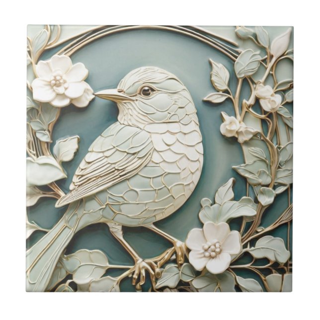 Art Nouveau Faux Relief Left Facing Wren Bird Mint Ceramic Tile (Front)