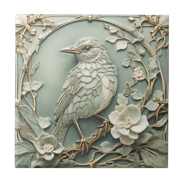 Art Nouveau Faux Relief Left Starling Bird Sage Ceramic Tile (Front)