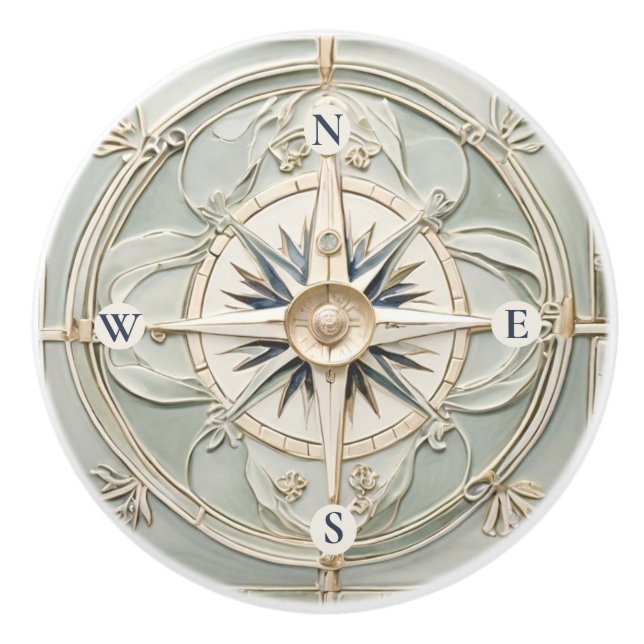 Art Nouveau Faux Relief Nautical Compass Rose Ceramic Knob (Front)
