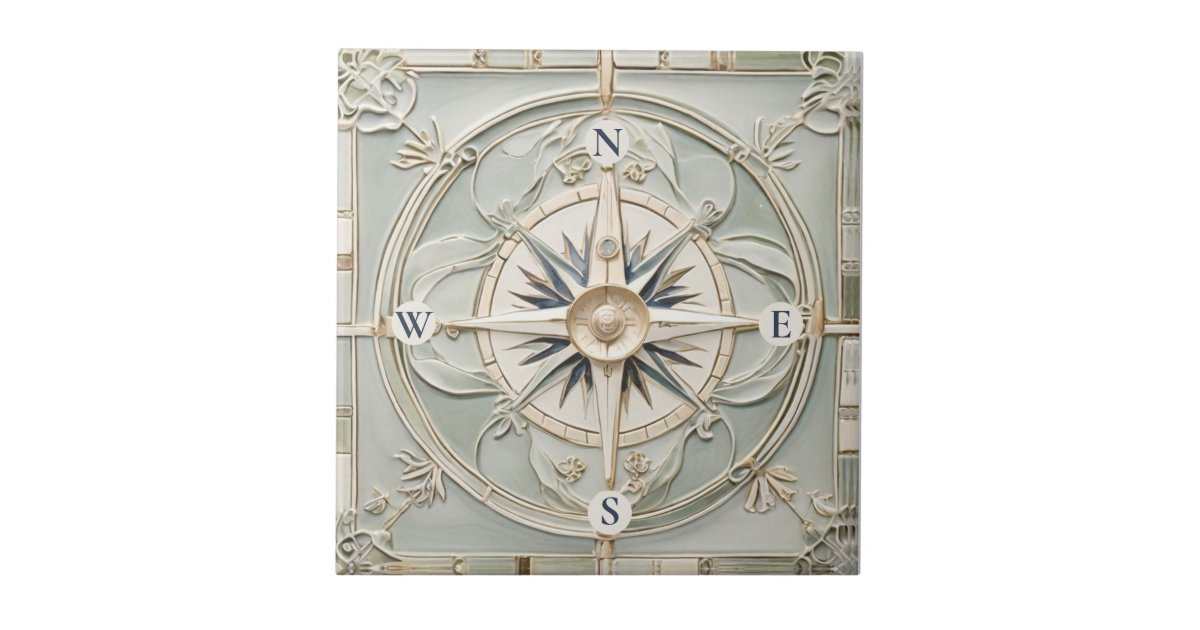 Art Nouveau Faux Relief Nautical Compass Rose Ceramic Tile | Zazzle