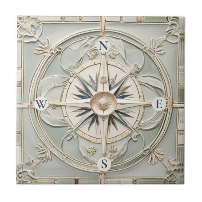 Art Nouveau Faux Relief Nautical Compass Rose Ceramic Tile (Front)