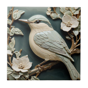 Art Nouveau Faux Relief Nuthatch Bird L Turquoise Ceramic Tile