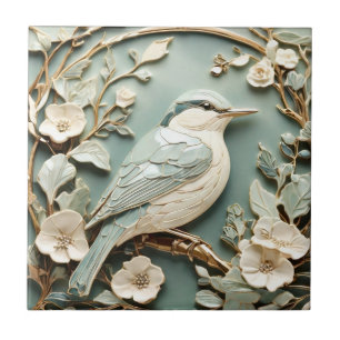 Art Nouveau Faux Relief Nuthatch Bird Right facing Ceramic Tile
