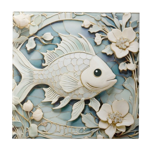 Art Nouveau Faux Relief Ocean Fish Right facing Ceramic Tile (Front)