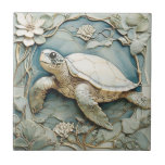 Art Nouveau Faux Relief Ocean Sea Turtle Left Ceramic Tile<br><div class="desc">"art nouveau",  "underwater swimming sea turtle",  "ocean sea marine animals",  "faux relief ceramic tile",  "mint blue white water",  "pastel turquoise teal",  "vintage decorative shore life",  "left facing nautical animal",  "beautiful light sage green",  "cream beach coast antique"</div>