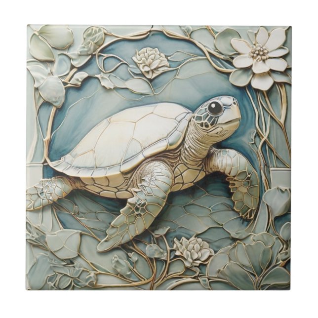Art Nouveau Faux Relief Ocean Sea Turtle Right Ceramic Tile (Front)