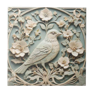 Art Nouveau Faux Relief Right Bird Flowery Mint Ceramic Tile