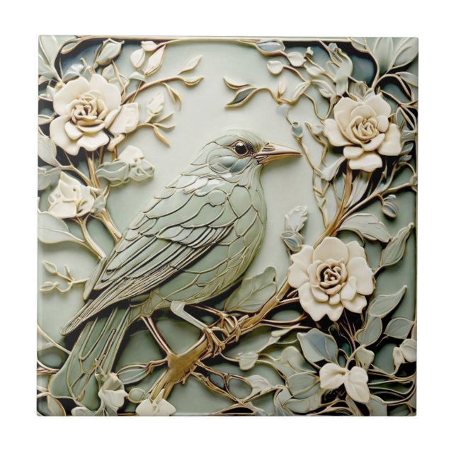 Art Nouveau Faux Relief Right Blackbird Bird Mint Ceramic Tile (Front)