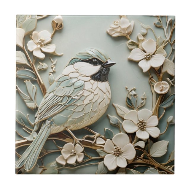 Art Nouveau Faux Relief Right Chickadee Bird Mint Ceramic Tile (Front)