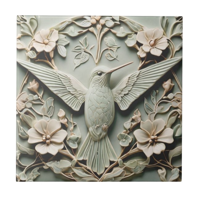 Art Nouveau Faux Relief Right Hummingbird Bird Ceramic Tile (Front)