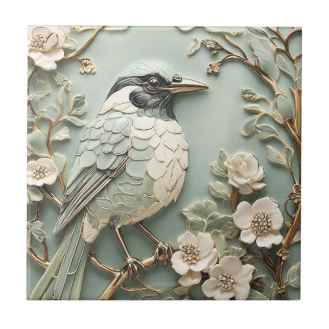 Art Nouveau Faux Relief Right Magpie Bird Mint Ceramic Tile (Front)