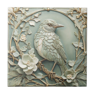 Art Nouveau Faux Relief Right Starling Bird Sage Ceramic Tile