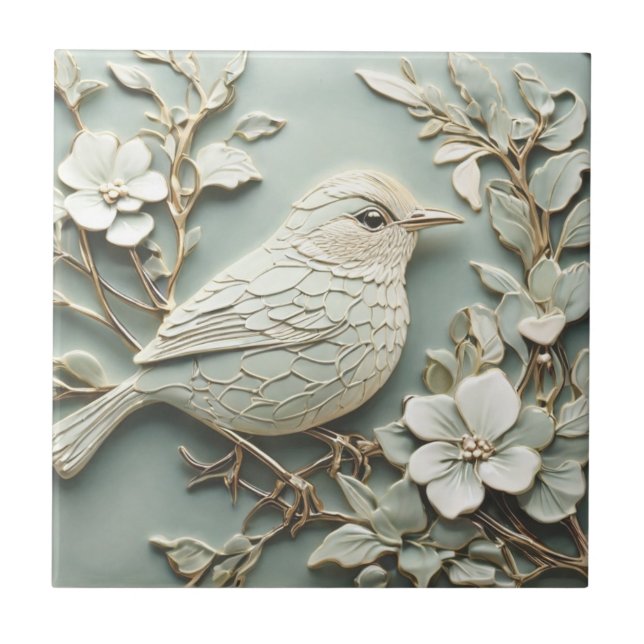 Art Nouveau Faux Relief Right Wren Bird Mint Ceramic Tile (Front)