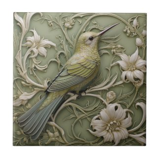 Art Nouveau Faux Relief Sage Green Hummingbird