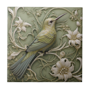 Art Nouveau Faux Relief Sage Green Hummingbird Ceramic Tile