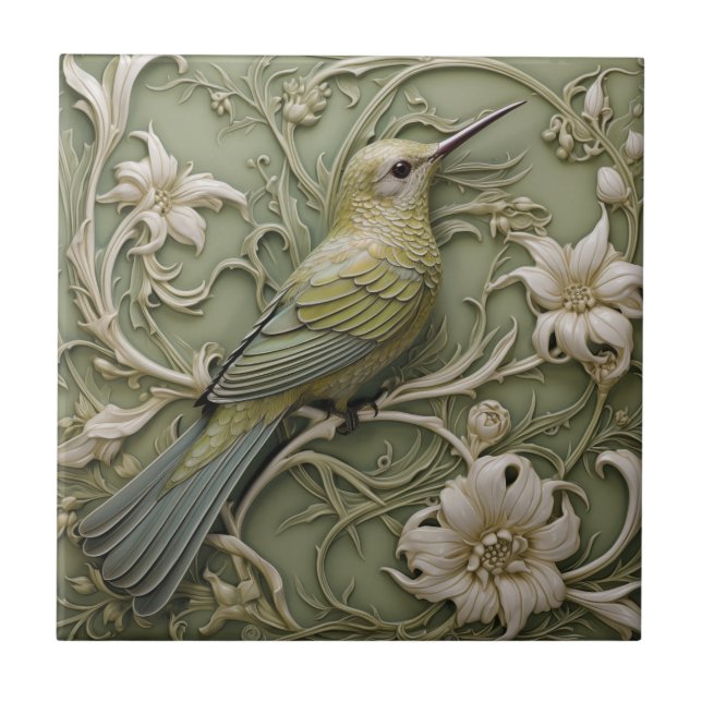 Art Nouveau Faux Relief Sage Green Hummingbird Ceramic Tile (Front)