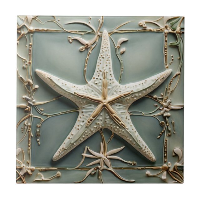 Art Nouveau Faux Relief Starfish Sea Star Marine Ceramic Tile (Front)