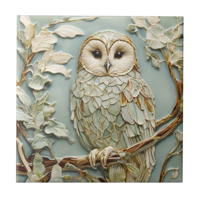 Art Nouveau Faux Relief Tawny Owl Bird Pastel Mint Ceramic Tile (Front)