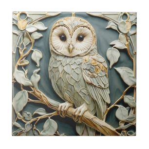 Art Nouveau Faux Relief Tawny Owl Woodland Bird Ceramic Tile
