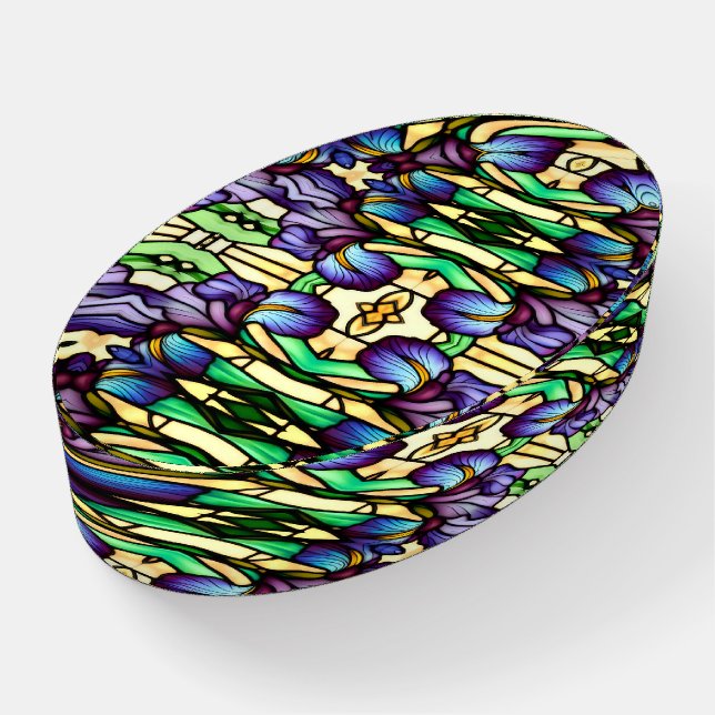 Art Nouveau Faux Stained Glass Purple Iris Flowers Paperweight (Angled)