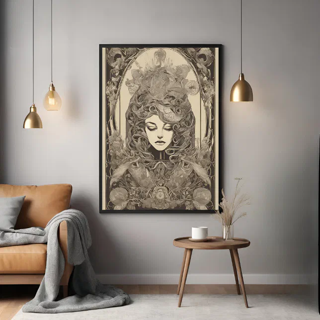 Art Nouveau Female Portrait Intricate Floral Art Poster | Zazzle