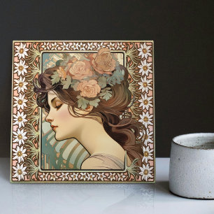 Art Nouveau Female Portrait Mucha Edelweiss Flower Ceramic Tile