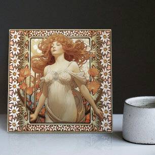 Art Nouveau Female Portrait Mucha Edelweiss Flower Ceramic Tile