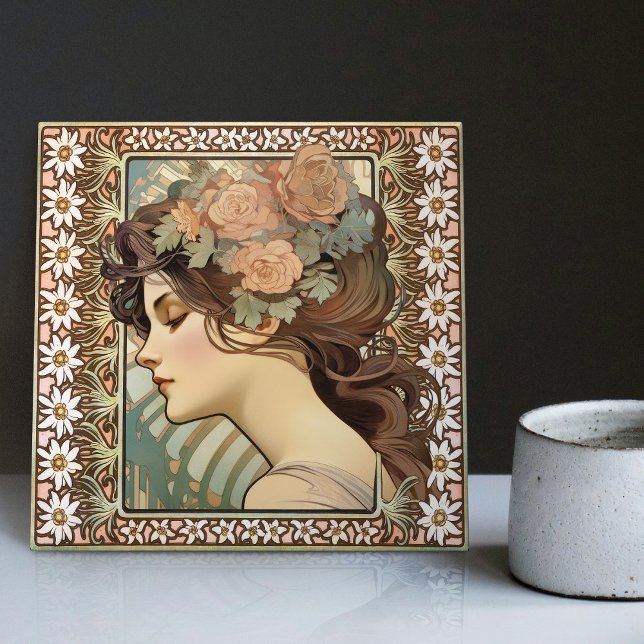 Art Nouveau Female Portrait Mucha Edelweiss Flower Ceramic Tile (Creator Uploaded)