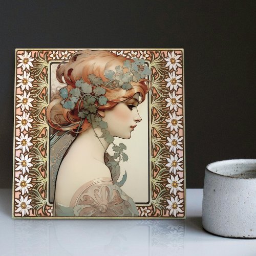 Art Nouveau Female Portrait Mucha Edelweiss Flower Ceramic Tile