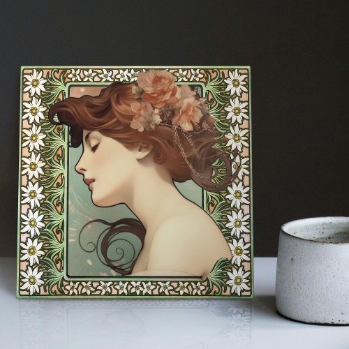Art Nouveau Female Portrait Mucha Edelweiss Flower Ceramic Tile