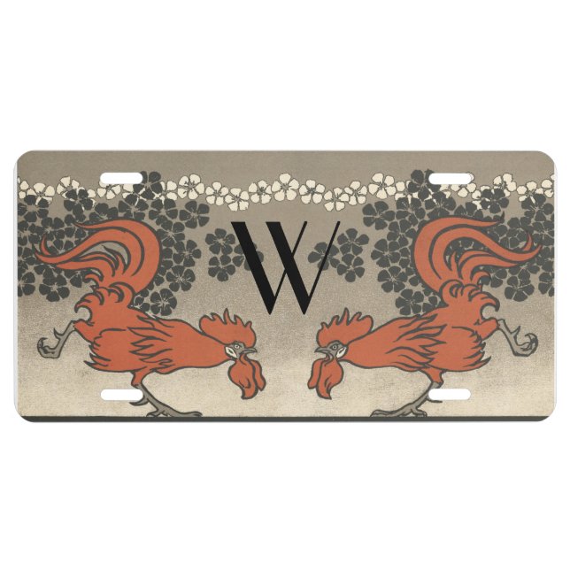 Art Nouveau Fighting Roosters - Monogram License Plate (Front)