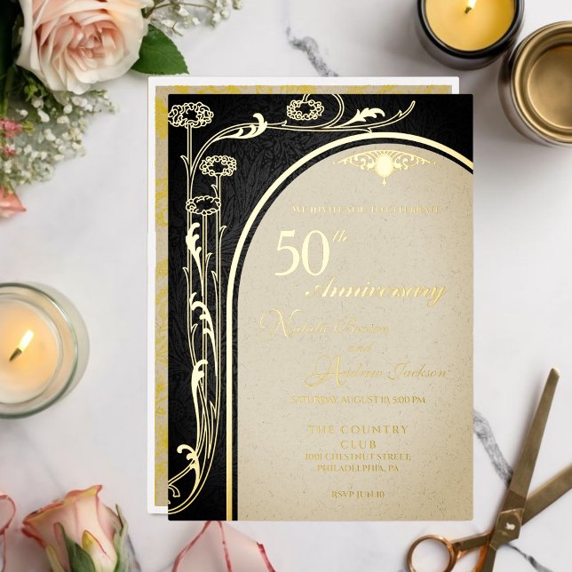 Art Nouveau Floral Arch Black and Gold Foil Foil Invitation (Creator Uploaded)